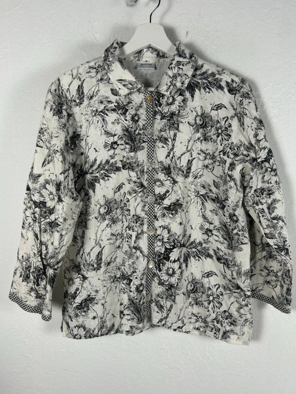 Habitat Womens Black & White Floral Linen Button-Down Shirt Blouse S/M Casual